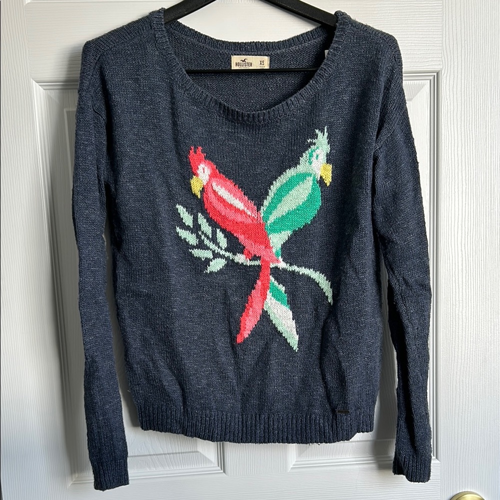 Hollister Oversized Navy Blue Knit Crew Neck Sweater Bird Cockatoo Design